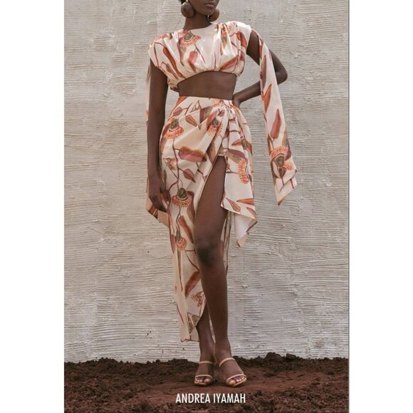 Andrea Iyamah Halima Cropped Top Rust and Cream Abstract Print Size‎ S - Picture 10 of 14